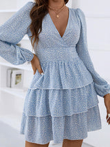 Woman'S Spring And Autumn New Cake Skirt V-Neck Waist Puff Sleeve Polka Dot Print Dress