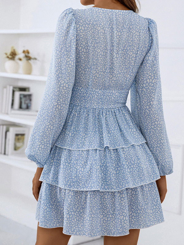 Woman'S Spring And Autumn New Cake Skirt V-Neck Waist Puff Sleeve Polka Dot Print Dress