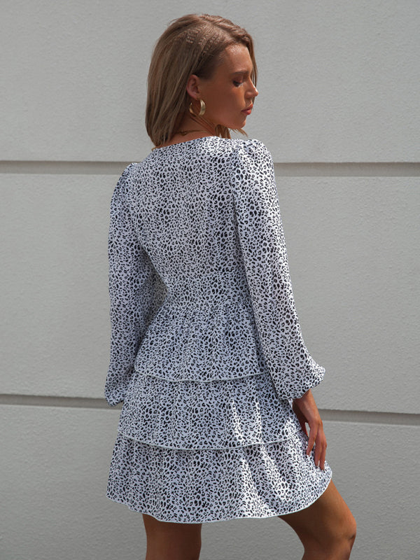 Woman'S Spring And Autumn New Cake Skirt V-Neck Waist Puff Sleeve Polka Dot Print Dress