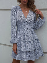 Woman'S Spring And Autumn New Cake Skirt V-Neck Waist Puff Sleeve Polka Dot Print Dress