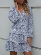 Woman'S Spring And Autumn New Cake Skirt V-Neck Waist Puff Sleeve Polka Dot Print Dress