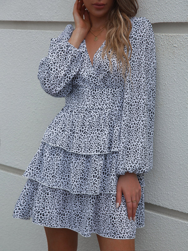 Woman'S Spring And Autumn New Cake Skirt V-Neck Waist Puff Sleeve Polka Dot Print Dress