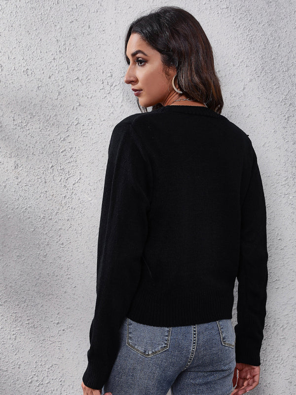 Women's contrast stitched long sleeve knitted cardigan sweater