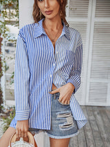 Women's Long Sleeve Lapel Single Breasted Striped Top