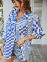 Women's Long Sleeve Lapel Single Breasted Striped Top