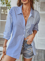 Women's Long Sleeve Lapel Single Breasted Striped Top