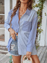 Women's Long Sleeve Lapel Single Breasted Striped Top