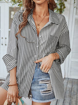 Women's Long Sleeve Lapel Single Breasted Striped Top