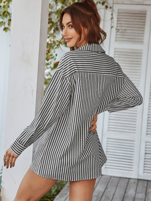 Women's Long Sleeve Lapel Single Breasted Striped Top