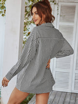 Women's Long Sleeve Lapel Single Breasted Striped Top