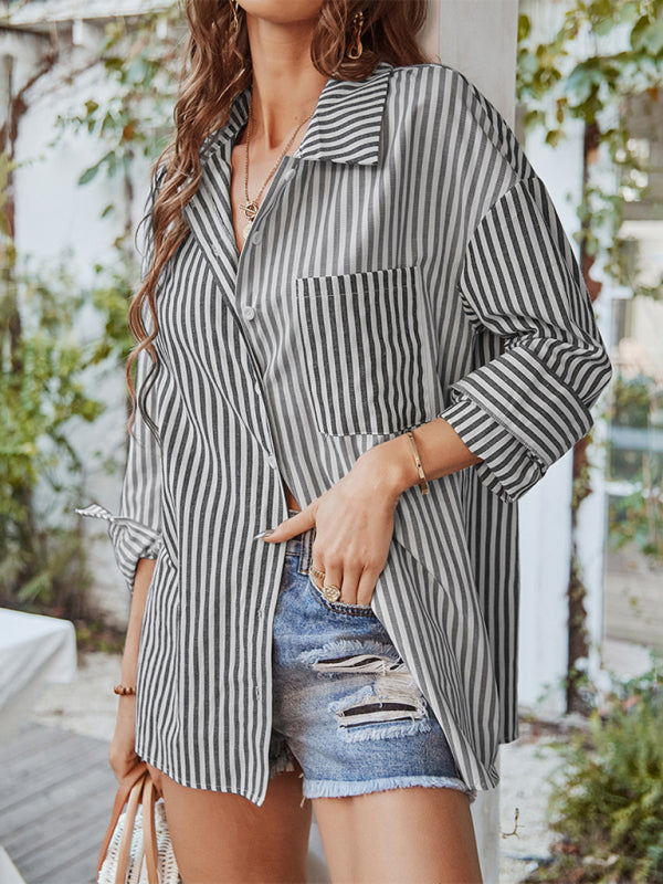 Women's Long Sleeve Lapel Single Breasted Striped Top