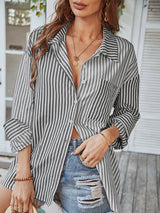 Women's Long Sleeve Lapel Single Breasted Striped Top