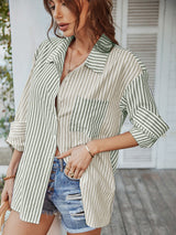 Women's Long Sleeve Lapel Single Breasted Striped Top