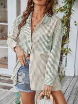 Women's Long Sleeve Lapel Single Breasted Striped Top