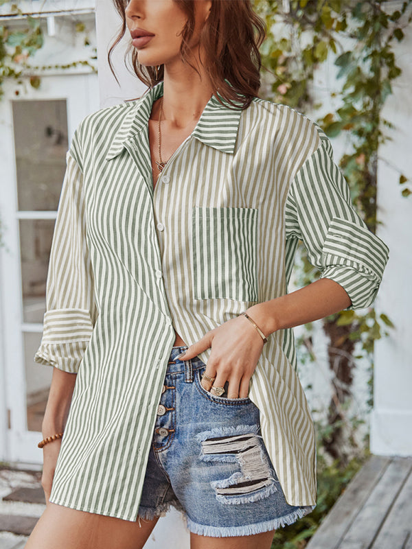 Women's Long Sleeve Lapel Single Breasted Striped Top