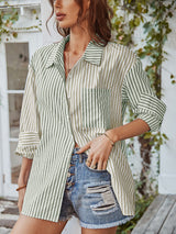 Women's Long Sleeve Lapel Single Breasted Striped Top