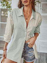 Women's Long Sleeve Lapel Single Breasted Striped Top