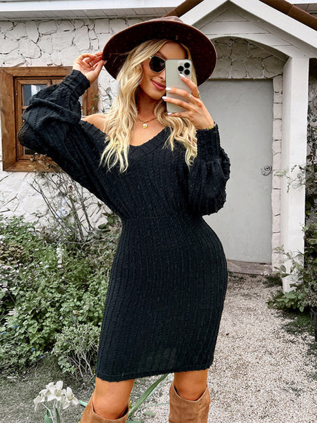 Women’s Slouchy Off The Shoulder Bodycon Mini Sweater Dress With Lose Vneck Line