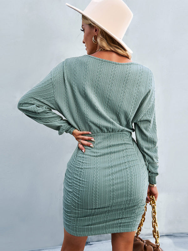 Women’s Ruched Bodycon Scoop Neck Long Sleeves Mini Dress