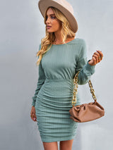 Women’s Ruched Bodycon Scoop Neck Long Sleeves Mini Dress