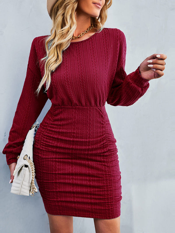 Women’s Ruched Bodycon Scoop Neck Long Sleeves Mini Dress