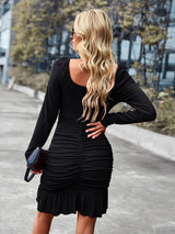 Women’s Cinched Ruffle Lined Bodycon Dress With Front Cut Out