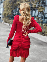 Women’s Cinched Ruffle Lined Bodycon Dress With Front Cut Out