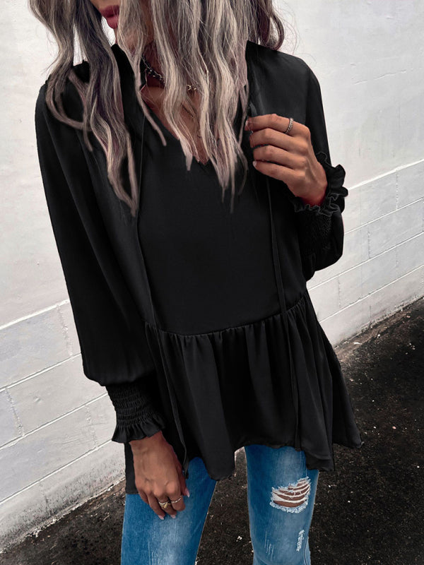 Women's V-Neck Tie Loose Long Sleeve Top