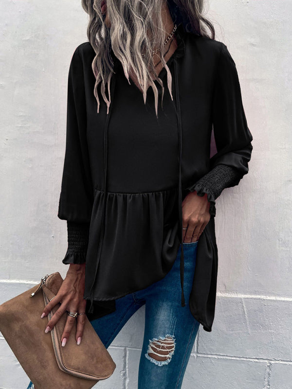 Women's V-Neck Tie Loose Long Sleeve Top