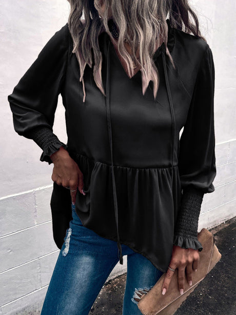 Women's V-Neck Tie Loose Long Sleeve Top