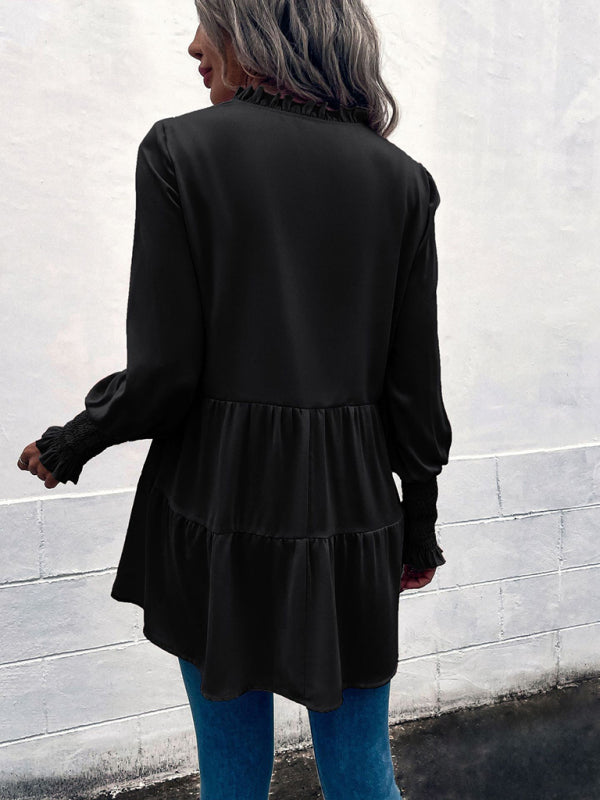 Women's V-Neck Tie Loose Long Sleeve Top