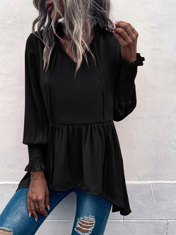 Women's V-Neck Tie Loose Long Sleeve Top