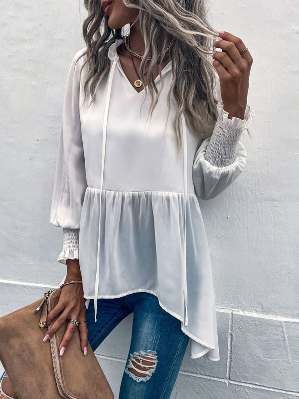 Women's V-Neck Tie Loose Long Sleeve Top
