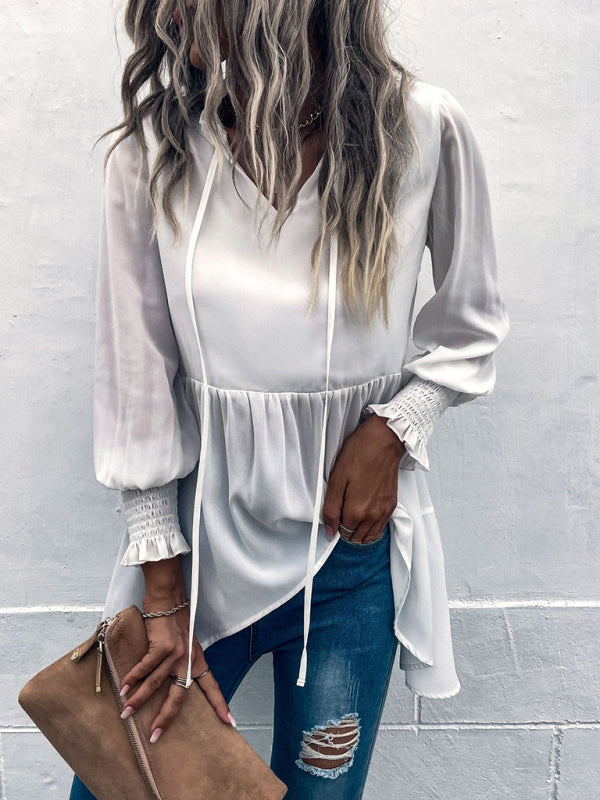 Women's V-Neck Tie Loose Long Sleeve Top