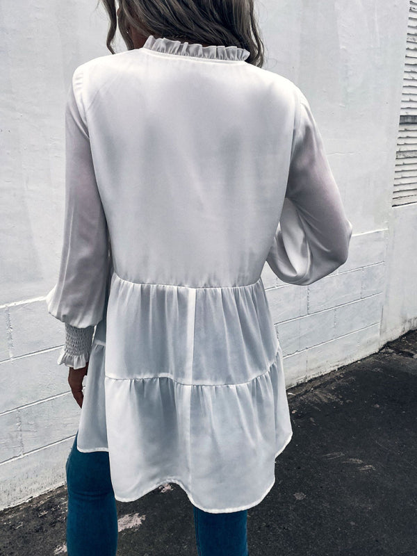 Women's V-Neck Tie Loose Long Sleeve Top