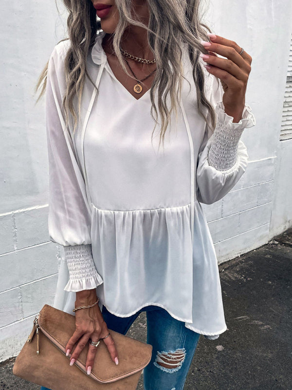 Women's V-Neck Tie Loose Long Sleeve Top