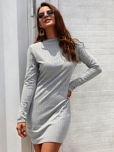 Women’s Mock Neck Long Sleeve Style With A Slight Flare Mini Dress