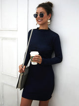Women’s Mock Neck Long Sleeve Style With A Slight Flare Mini Dress