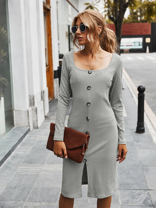 Women’s Knee-cut Bodycon Button Down Dress With Square Neckline And Fitted Sleeves