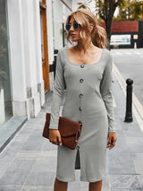 Women’s Knee-cut Bodycon Button Down Dress With Square Neckline And Fitted Sleeves