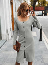 Women’s Knee-cut Bodycon Button Down Dress With Square Neckline And Fitted Sleeves