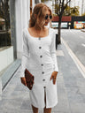 Women’s Knee-cut Bodycon Button Down Dress With Square Neckline And Fitted Sleeves