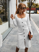 Women’s Knee-cut Bodycon Button Down Dress With Square Neckline And Fitted Sleeves