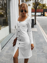 Women’s Knee-cut Bodycon Button Down Dress With Square Neckline And Fitted Sleeves