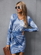 Women’s Single Color Tie Dye Long Sleeve Mini Dress With Sarong Skirt