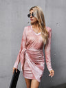 Women’s Single Color Tie Dye Long Sleeve Mini Dress With Sarong Skirt