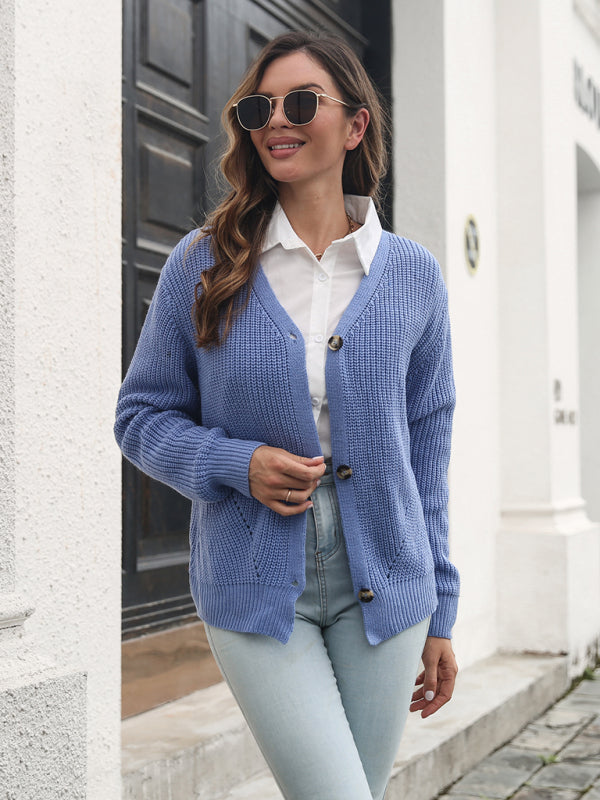 Women's solid color button loose knit cardigan sweater