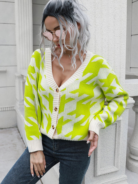 Women's thousand bird check breasted loose knit cardigan sweater