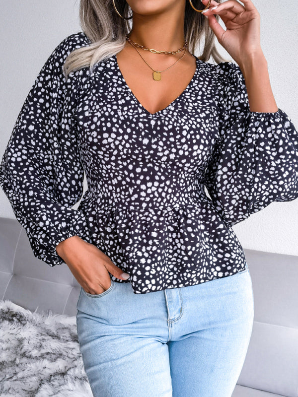 Women's Lantern long sleeve casual leopard Chiffon Shirt Top