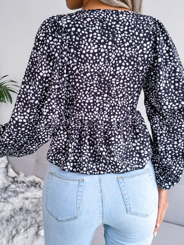 Women's Lantern long sleeve casual leopard Chiffon Shirt Top